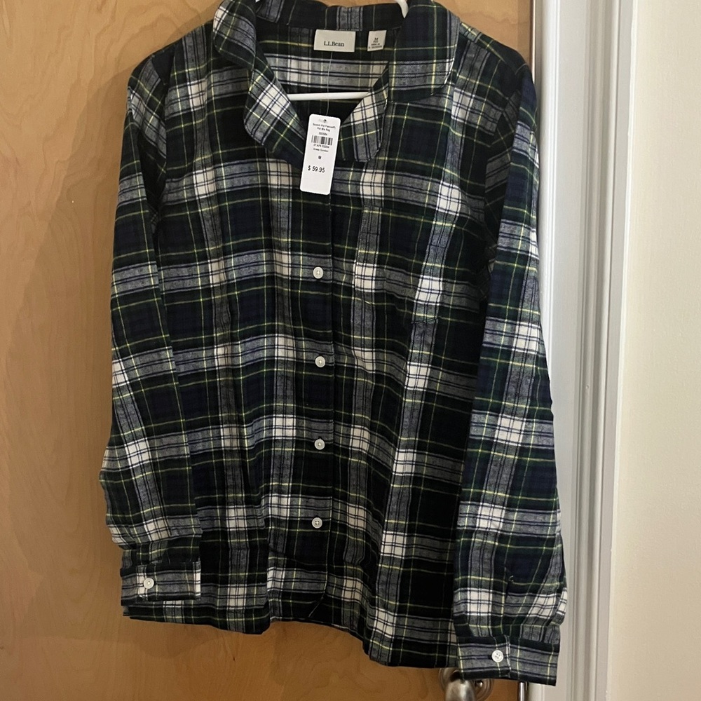 L.L. Bean Navy, Green & White Plaid Button-Up Shirt